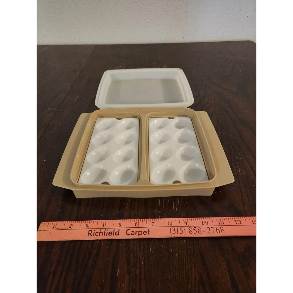 Vintage Tupperware Deviled Egg Carrier Harvest Gold White 16 Egg Tray with Lid
